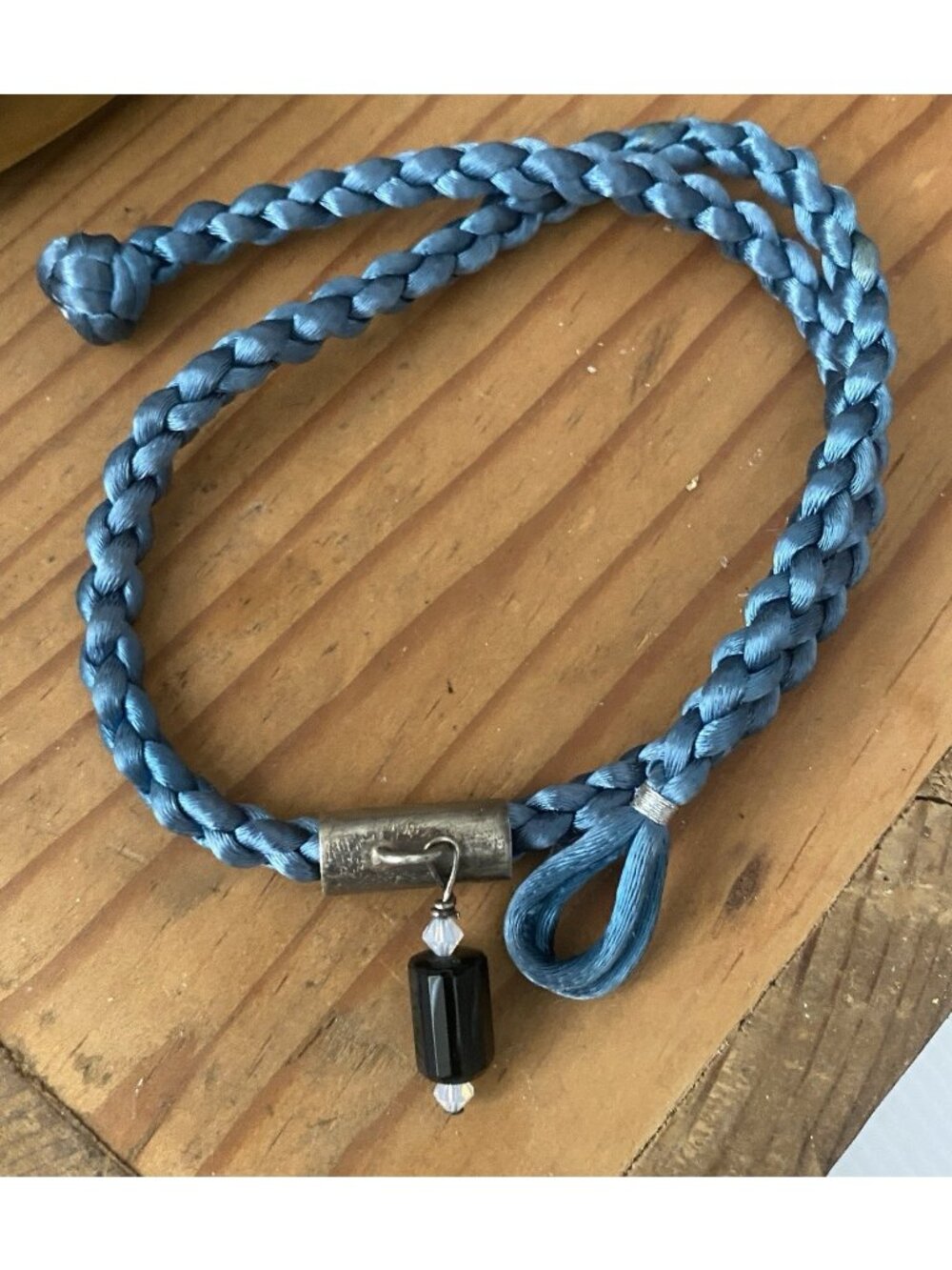 Braided Blue Silk Cord Sterling Onyx Crystal Pendant 18” Necklace